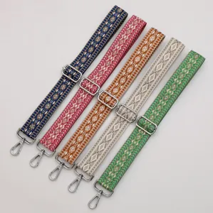 Colorful woven bag strap with ethnic diamond pattern, adjustable crossbody replacement strap.