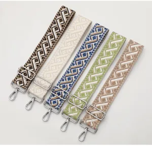 Detailed view of woven replacement bag straps with ethnic geometric patterns and adjustable metal hardware.