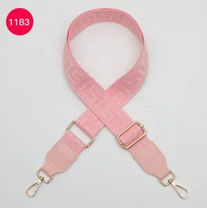 Pink wide replacement bag strap with Greek key pattern adjustable length gold hardware.