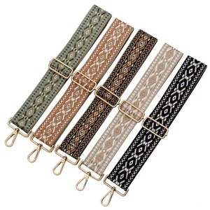 Ethnic Geometric Woven Wide Bag Strap Adjustable Replacement Crossbody Shoulder Bag Belt With Metal Clasp Hardware For Women Purse