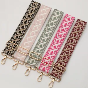 Colorful woven bag straps with gold hardware, adjustable geometric wide replacement straps.