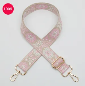 Woven floral wide bag strap replacement with gold hardware, ethnic style cross-body strap.