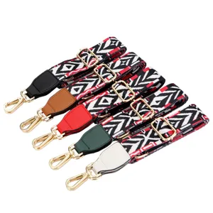 Adjustable wide replacement bag strap with ethnic geometric pattern and leather ends.