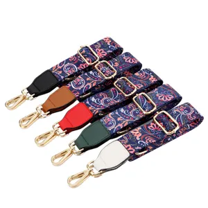 Adjustable wide bag strap replacement ethnic floral shoulder crossbody strap with metal hardware