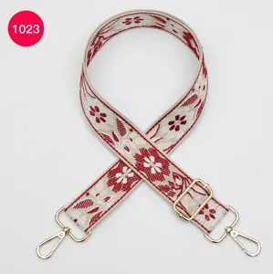 Ethnic style woven replacement bag strap with floral jacquard pattern and gold hardware