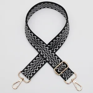 Replacement woven bag strap black and white geometric pattern with adjustable gold metal hardware