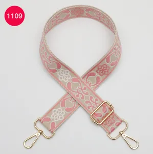 Woven replacement bag strap ethnic floral pink wide shoulder strap with gold metal hardware.
