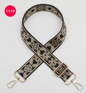 Ethnic style jacquard wide bag strap replacement black beige adjustable shoulder strap