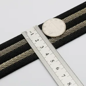 Wide woven bag strap black and gold metallic thread adjustable replacement shoulder strap
