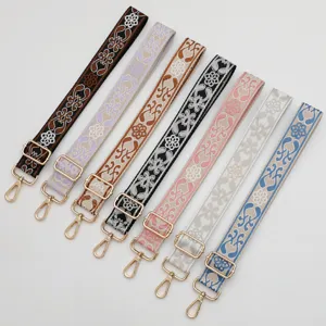 Ethnic style jacquard wide bag strap replacement crossbody shoulder strap with metal hardware