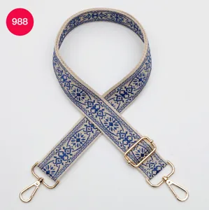 Vista detallada de la correa de bolso ancha de jacquard étnico con patrón azul.
