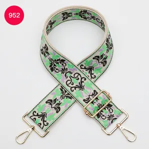 Wide jacquard bag strap detail, 5cm ethnic style replacement strap with gold hardware.