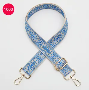 Vista detallada de correa ancha para bolso tejida con patrón jacquard azul y herrajes.