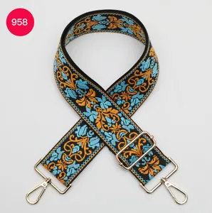 Ethnic style jacquard wide bag strap replacement shoulder strap with metal buckles.