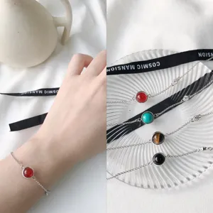 Koreanischer Stil 925 Sterlingsilber Naturachat Türkis Tigerauge Perlen Charm Armband Elegante Geometrische Strass Gliederkette Armband Schmuck Geschenk Für Damen