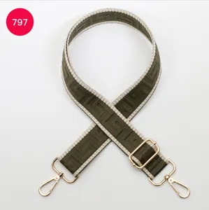 Adjustable wide replacement bag strap with labyrinth pattern and gold metal hardware.