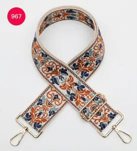 Close-up detail of the 5cm ethnic jacquard wide bag strap with gold hardware and colorful pattern.