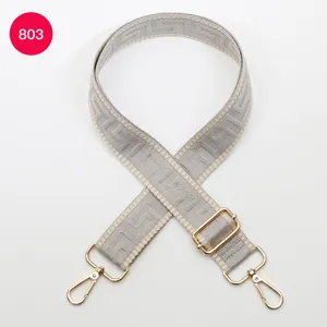 Grey woven bag strap detail, adjustable length with premium gold hardware, chic maze pattern.