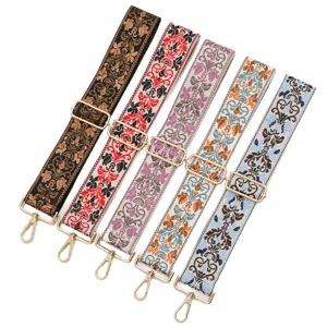 Ethnic jacquard wide replacement bag strap with metal adjustable buckle and hooks, 5cm.