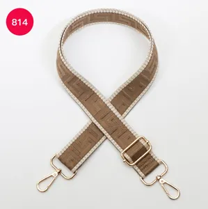 Adjustable wide replacement bag strap with brown labyrinth woven pattern and gold hardware.