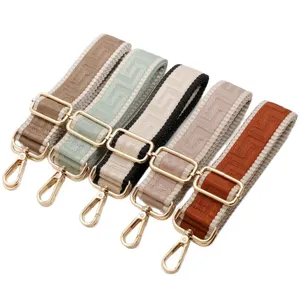 Adjustable wide replacement bag strap with labyrinth pattern and gold tone metal hardware