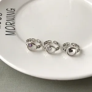 Bague Ouverte Chaîne en Argent Sterling S925 Vintage Vieilli Géométrique Avec Agate Noire Strass pour Bijoux Femme