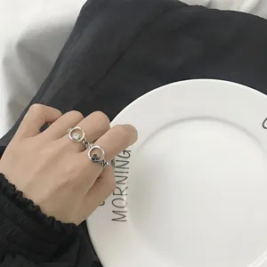 Bague ouverte coréenne en argent S925 chaîne agate noire diamant blanc tendance