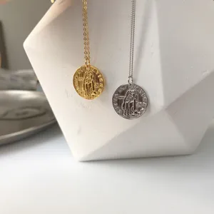 S925 Sterling Silver Korean Fashion Gold Portrait Coin Pendant Necklace For Women Detail