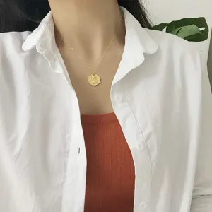 Gold coin pendant necklace, S925 sterling silver minimalist fashion jewelry for women.