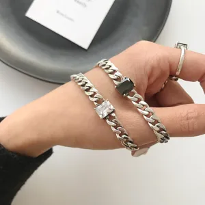 Pulsera de Eslabones de Cadena de Plata de Ley 925 Vintage para Mujer Joyería de Mano Incrustada de Ágata Negra Cuadrada Geométrica Antigua y Cristal Blanco