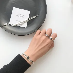Pulsera de cadena de plata esterlina S925 vintage con piedra geométrica negra, joyería elegante