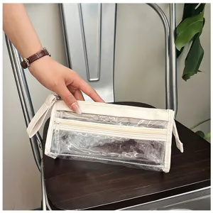Astuccio trasparente in PVC multistrato con doppie cerniere e dettagli stampati in bianco.