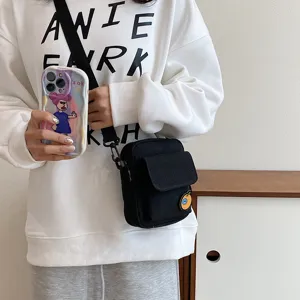 Japanese style cute canvas crossbody bag for women, casual black mini shoulder phone bag.