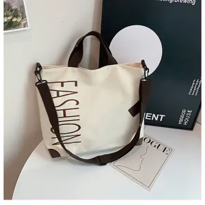 Canvas tote shoulder bag for women casual daily commuter large capacity handbag with strap white brown