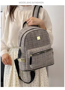 Stylish large capacity plaid backpack for women, versatile tweed school bag for travel.