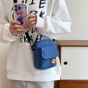 Cute Japanese style canvas crossbody bag for sweet girls and students, small blue phone bag.