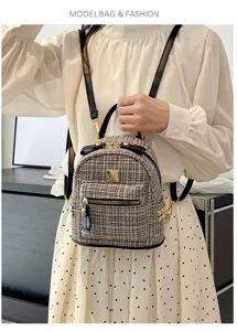 Stylish women small tweed backpack versatile school bag casual travel daypack fashion