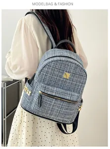 Stylish tweed backpack for women, large capacity casual travel school bag with secure zip.