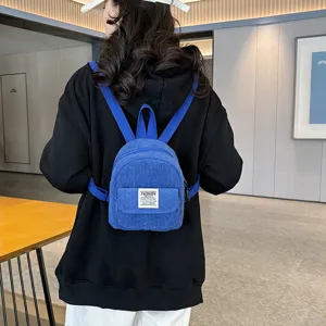 Mini corduroy backpack women casual vintage small school bag stylish blue bookbag back view