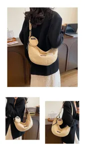 Detailed view of casual canvas crossbody bag, crescent hobo design with small pouch.