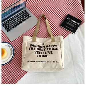 Canvas tote bag large capacity casual shoulder bag detail view with stylish print text design