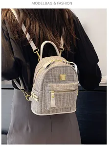 Stylish women small tweed backpack vintage casual travel school bag elegant chic daypack