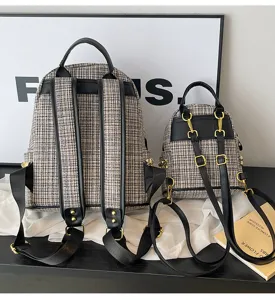Detail view of the stylish tweed backpack, showcasing premium fabric texture and hardware.