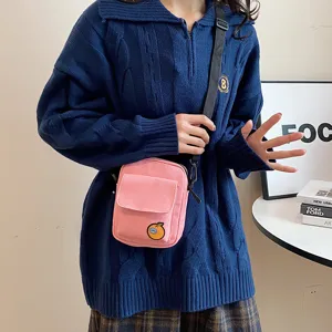 Cute pink canvas crossbody bag with orange patch, sweet Japanese shoulder bag for girls.