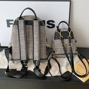 Stylish tweed backpack set with black PU leather straps and gold hardware for women and girls.