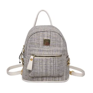 Chic tweed backpack for women stylish school bag casual travel daypack with white leather trim