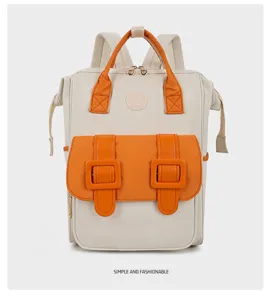 Detailed view of multi-functional mommy backpack with chic orange accents and front buckle.