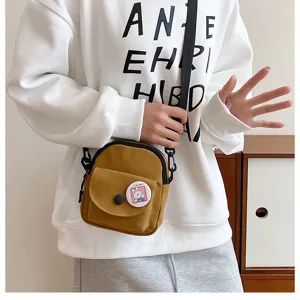 Sac bandoulière en toile style coréen pour femme, sac rétro marron avec joli badge de lapin.