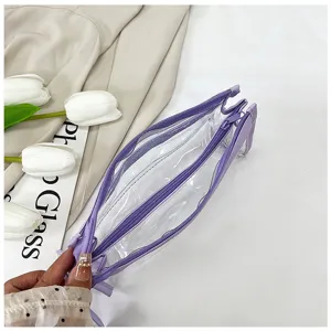 Vista dettagliata di astuccio trasparente in PVC multistrato, grande borsa cosmetica.