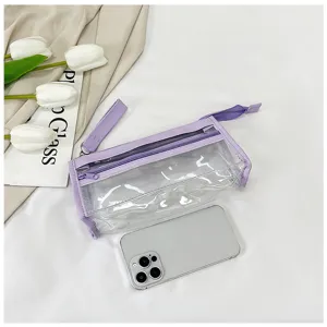 Astuccio e borsetta per trucco trasparente in PVC multistrato con cerniera viola.